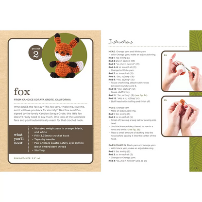 Woodland Crochet Kit box containing a 76-page instruction book, colorful yarn skeins, a metal crochet hook, safety eyes, and completed bluebird and turtle amigurumi figures on a wooden surface.