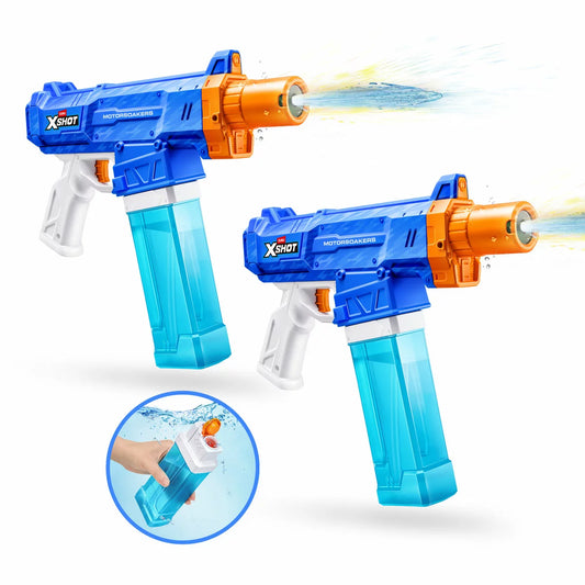 A pair of blue and orange XSHOT Water Turbo Stream Motor Soakers featuring ergonomic grips and transparent water tanks.