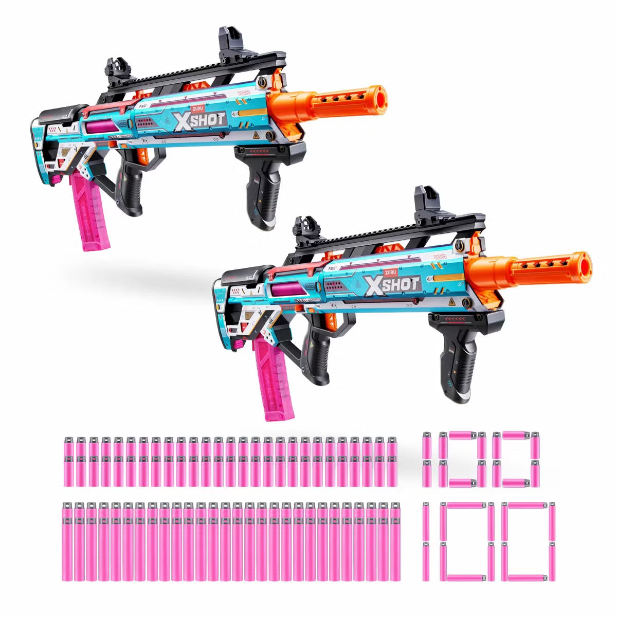 Front angle view of two red and white XShot Longshot Pro 2.0 blasters displayed with full-length and half-length foam darts on a grey surface.