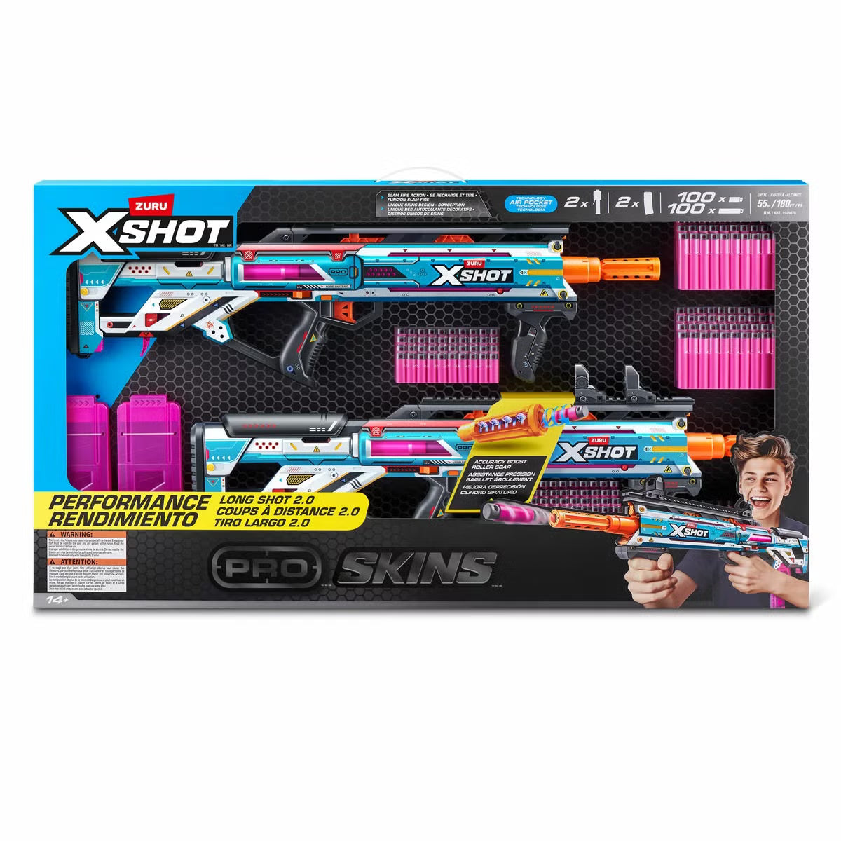 Front angle view of two red and white XShot Longshot Pro 2.0 blasters displayed with full-length and half-length foam darts on a grey surface.