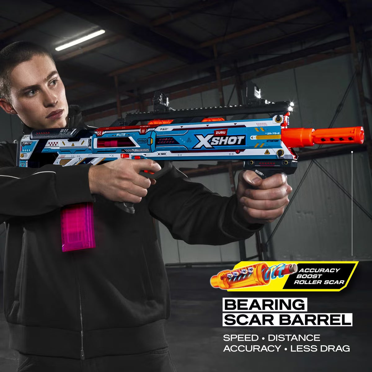 Front angle view of two red and white XShot Longshot Pro 2.0 blasters displayed with full-length and half-length foam darts on a grey surface.