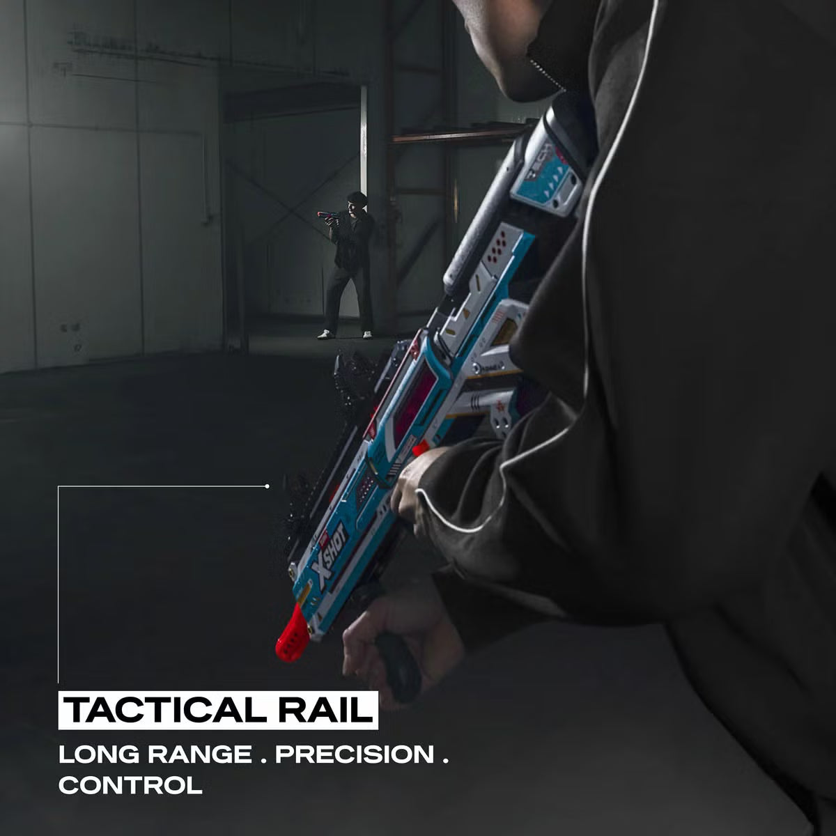 Front angle view of two red and white XShot Longshot Pro 2.0 blasters displayed with full-length and half-length foam darts on a grey surface.