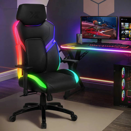 Black gaming chair with RGB LED lighting, ergonomic design, padded seat, and adjustable reclining features for gamers and streamers.