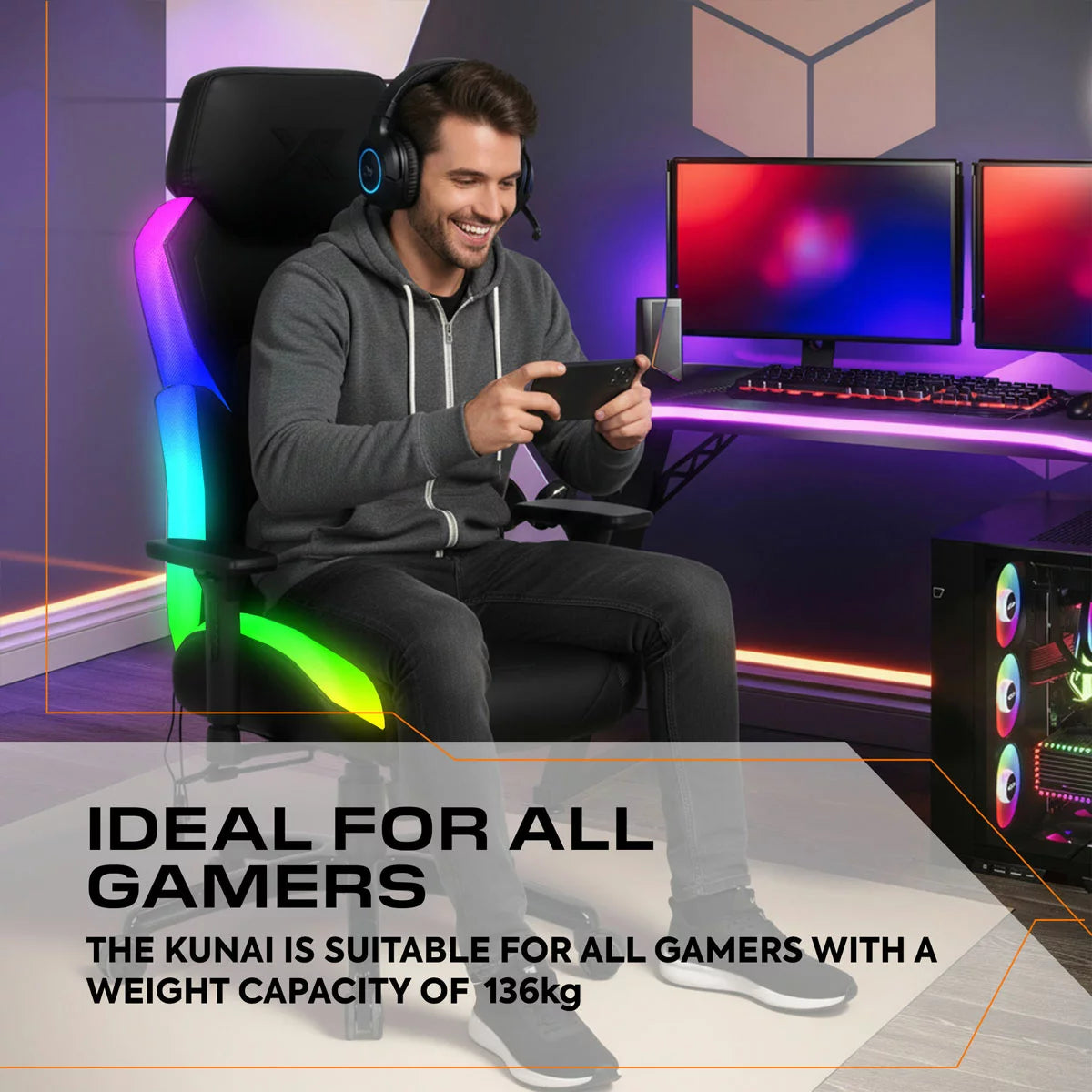Black gaming chair with RGB LED lighting, ergonomic design, padded seat, and adjustable reclining features for gamers and streamers.