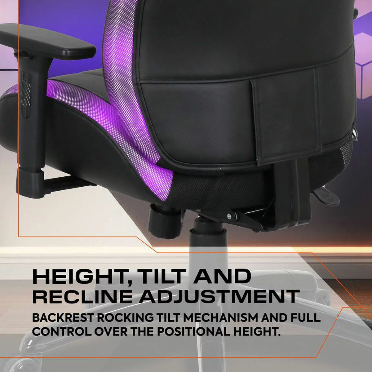Black gaming chair with RGB LED lighting, ergonomic design, padded seat, and adjustable reclining features for gamers and streamers.