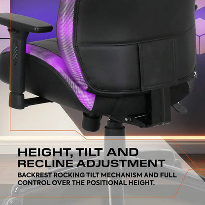 Black gaming chair with RGB LED lighting, ergonomic design, padded seat, and adjustable reclining features for gamers and streamers.
