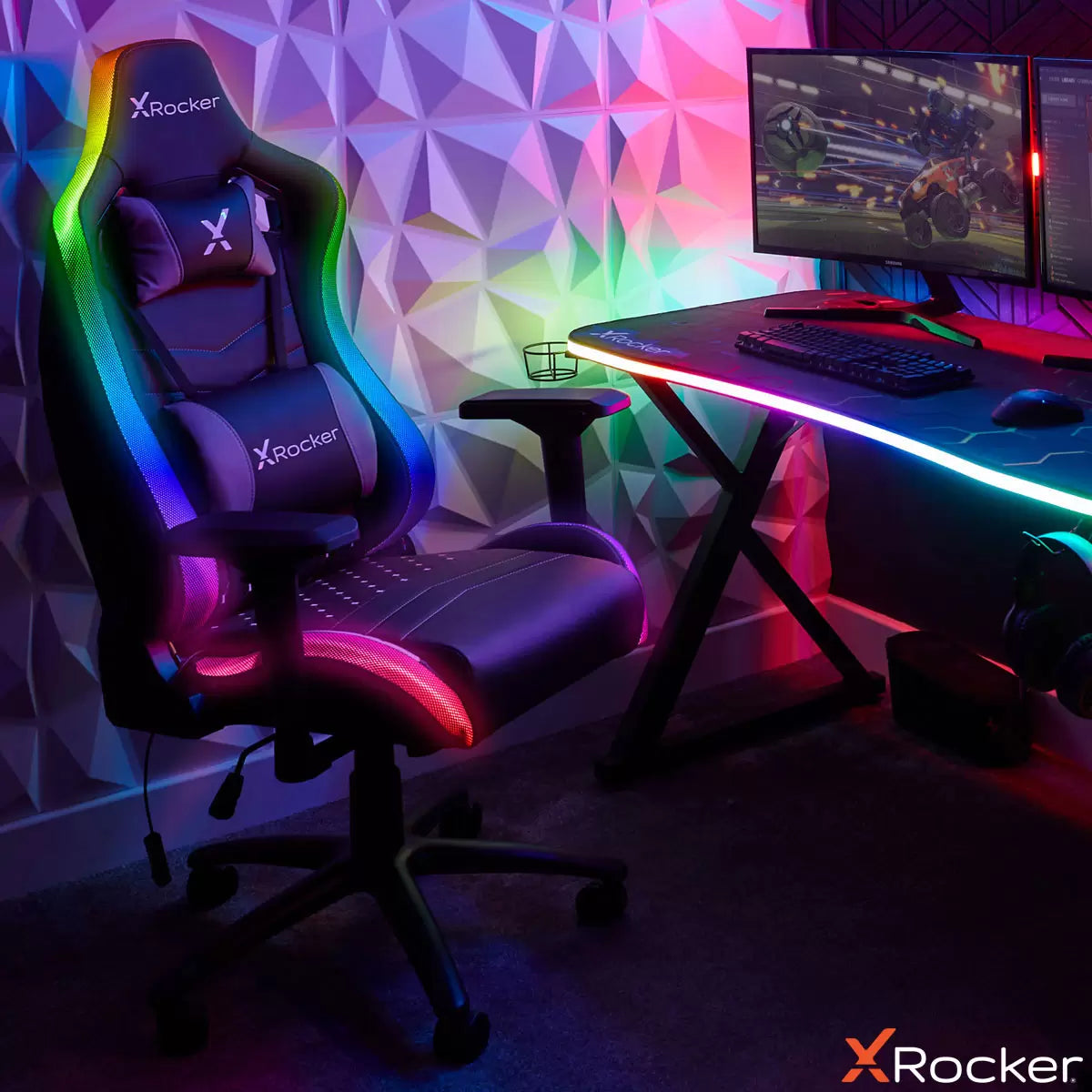 X Rocker Opal RGB Gaming Chair with LED Lights featuring customizable RGB lighting and ergonomic high-back design for immersive gaming comfort.