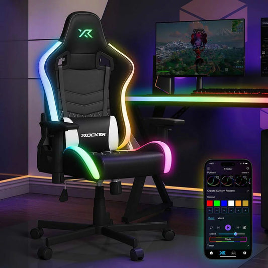 Black PU leather X Rocker Opal RGB Junior gaming chair featuring illuminated headrest logo and colorful LED rim lighting on a steel base.