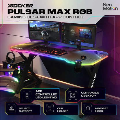 X Rocker Pulsar Max RGB gaming desk with LED lights and carbon fiber desktop setup