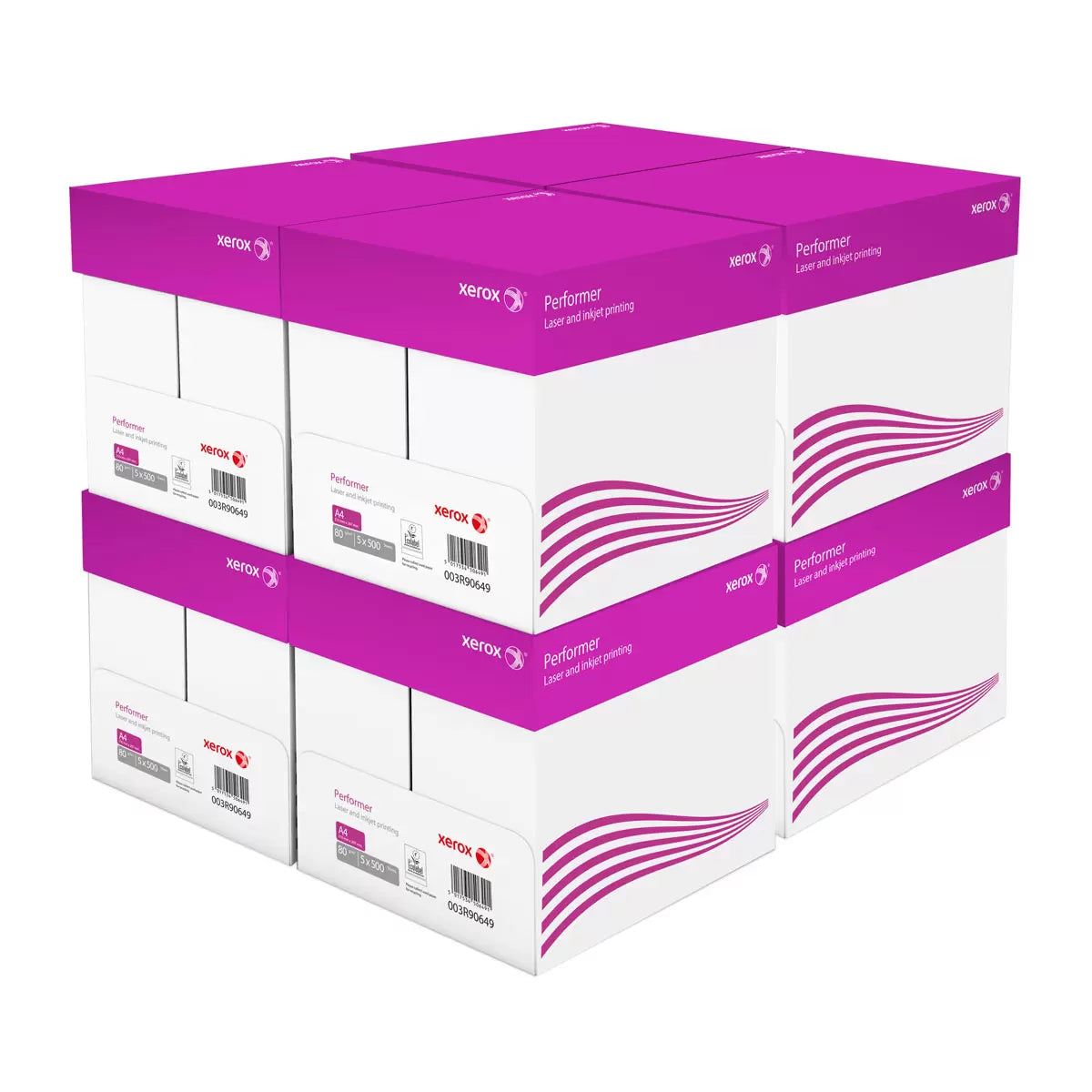 Side angle view of eight stacked boxes of white Xerox Performer A4 80gsm paper arranged neatly on a wooden pallet inside a clean office supply room.