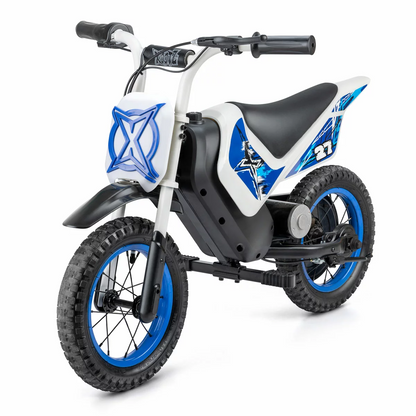 Black and red Xootz Cobolt 12V kids electric ride-on motorbike with 12-inch inflatable off-road tires parked on a dirt path.