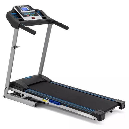 Black Xterra Fitness TR260 folding treadmill with backlit 5-inch LCD display, smart device holder, and cushioned deck shown set up in a modern home workout space.
