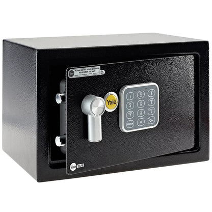 Front angle view of the black Yale 16.3L medium digital safe with electronic keypad and keyhole cover mounted on a light wood background.