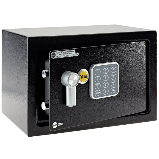Front angle view of the black Yale 16.3L medium digital safe with electronic keypad and keyhole cover mounted on a light wood background.