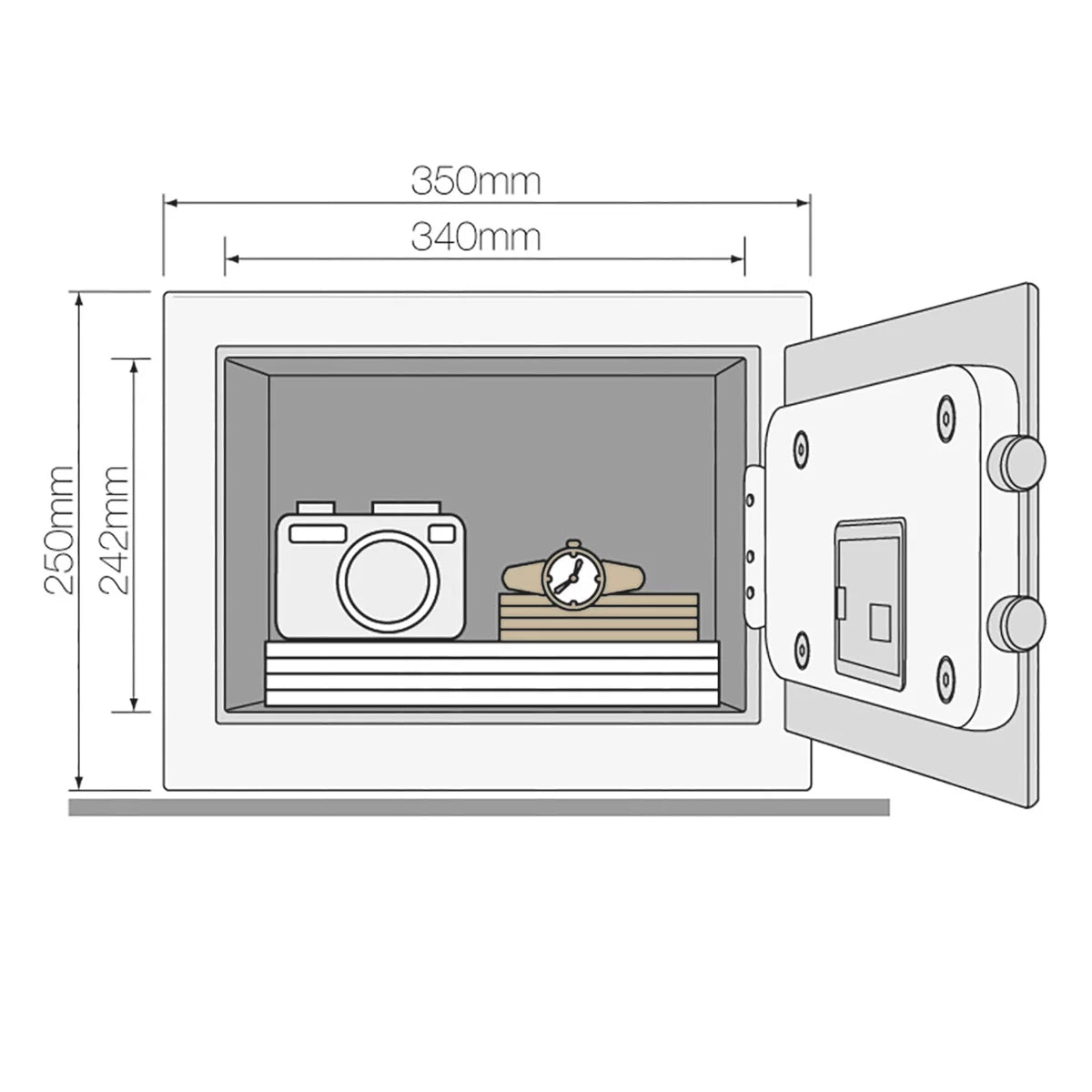 Front angle view of the black Yale 16.3L medium digital safe with electronic keypad and keyhole cover mounted on a light wood background.