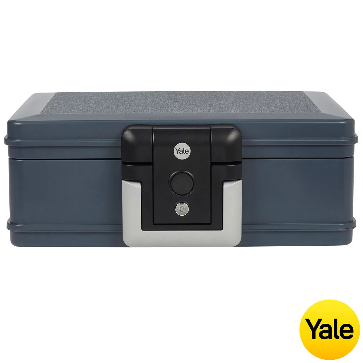 Front view of the black Yale 6.9L medium fire and waterproof chest safe with key lock and integrated handle sitting flat on a wooden surface.