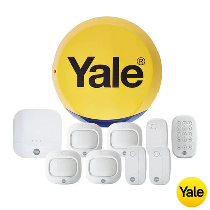 Complete 10-piece Yale IA-320 Sync Smart Home Alarm kit displayed against a white background featuring the yellow siren box, white smart hub, keypad, three door contacts, and four PIR motion sensors.