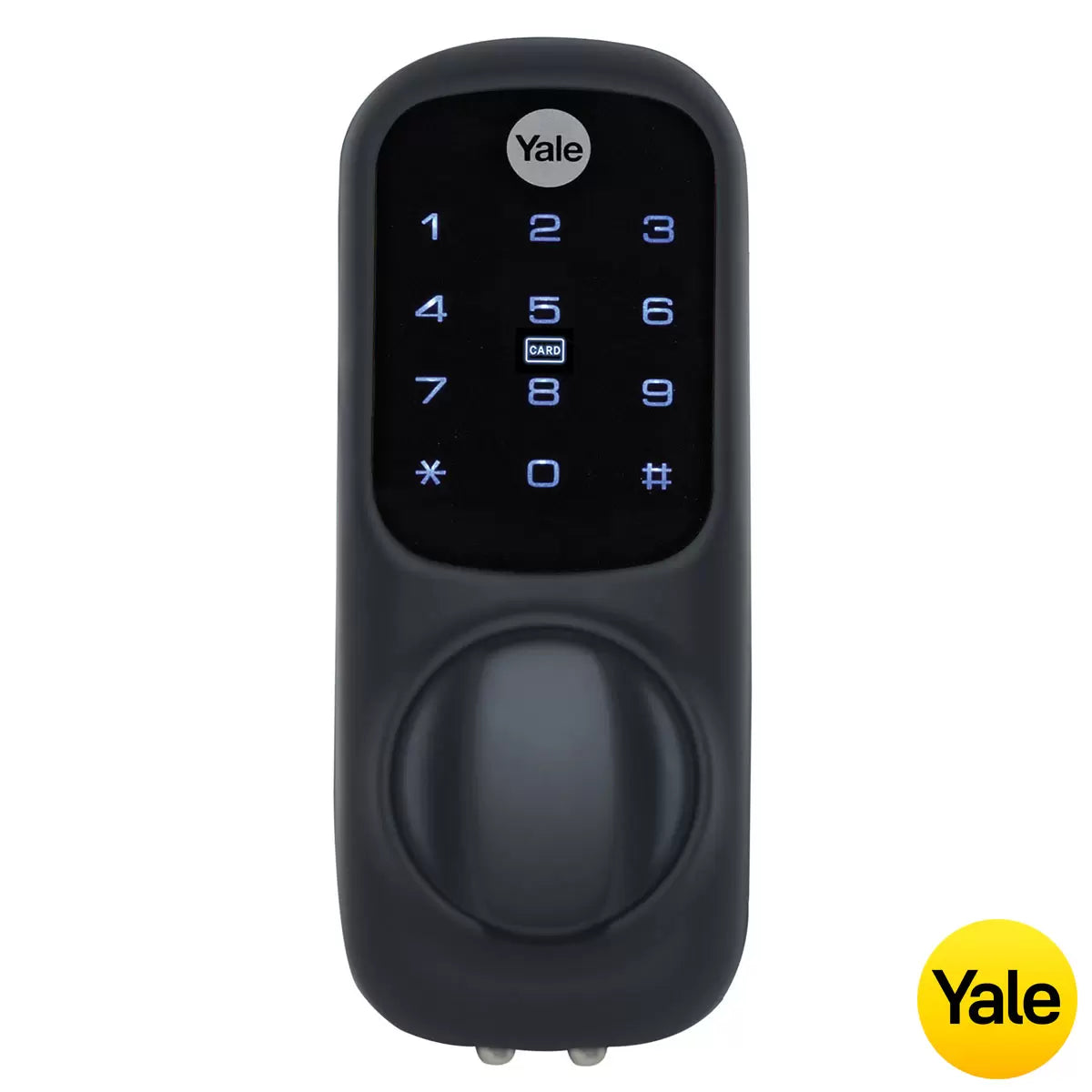 A close-up shot of the matte black Yale Keyless Smart Lock displaying illuminated blue numbers on its digital touch screen, mounted onto a modern dark oak wooden door.