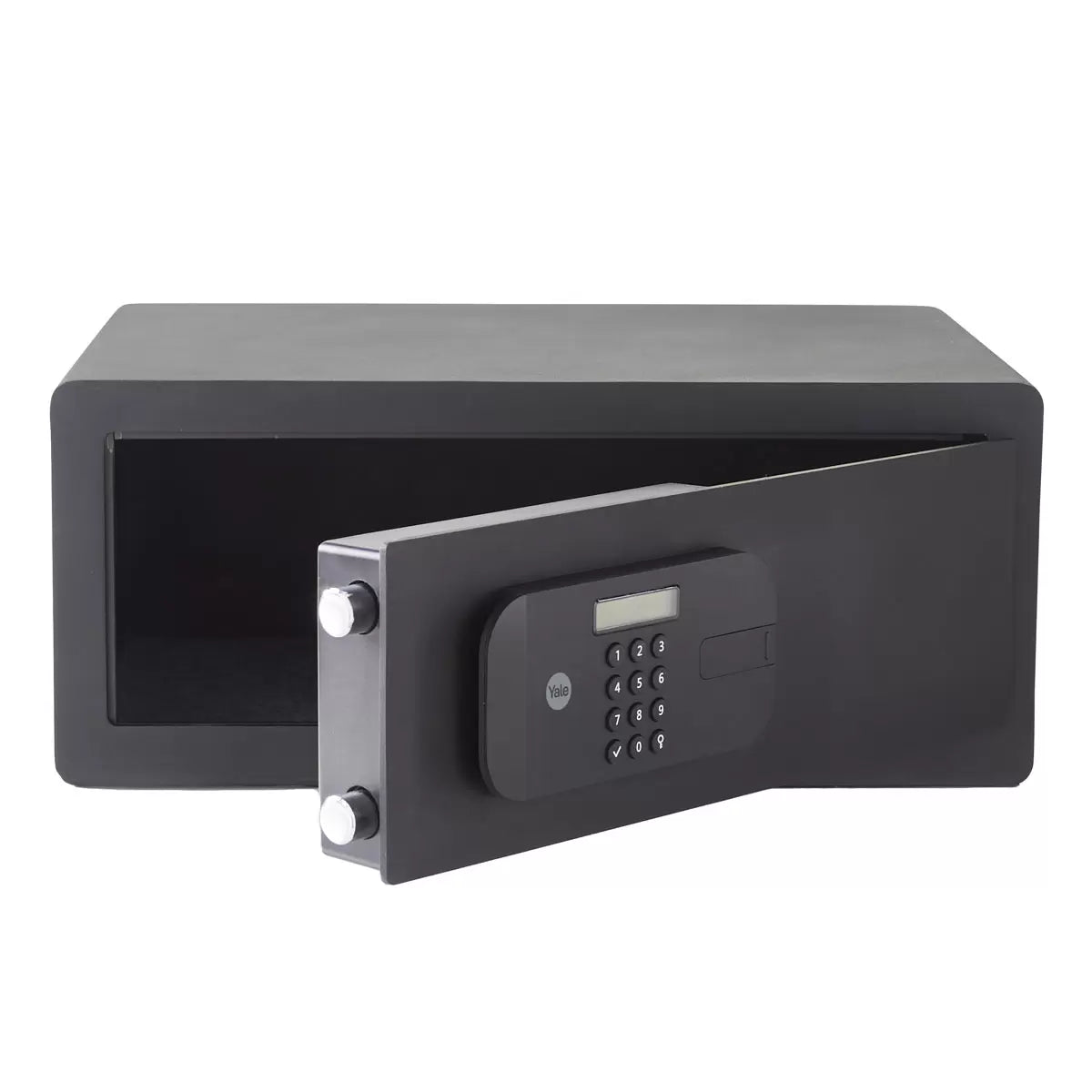 A side-profile view of the black Yale Premium Laptop Safe positioned on a desk, showcasing its slim profile, electronic keypad, and the heavy-duty motorised locking bolts visible on the edge of the open door.