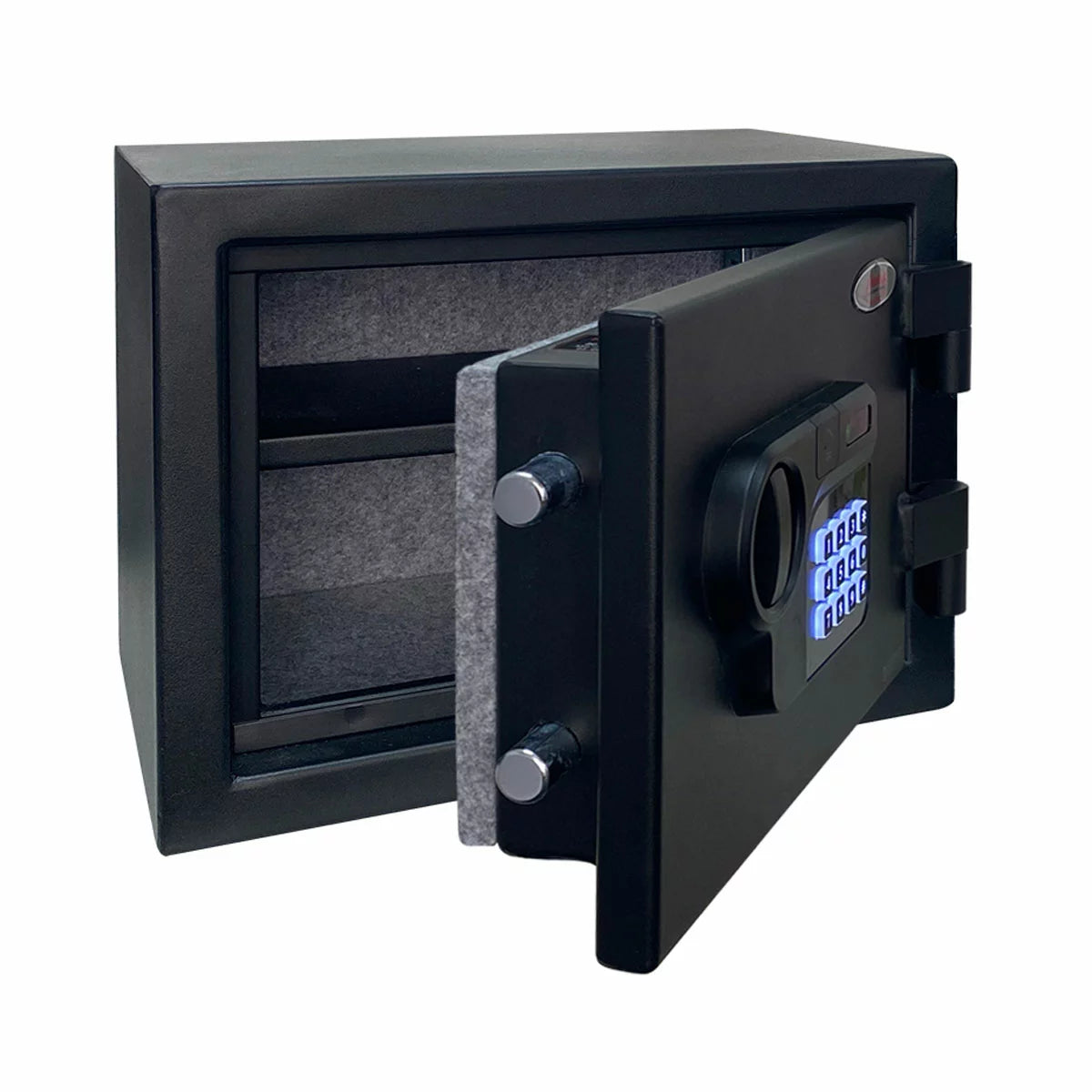 A close-up, high-angle shot of the matte-black YA close-up, high-angle shot of the matte-black Yale Smart Safe showing the illuminated digital keypad, sleek steel finish, and the compact Yale Connect Wi-Fi Bridge sitting nearby.ale Smart Safe showing the illuminated digital keypad, sleek steel finish, and the compact Yale Connect Wi-Fi Bridge sitting nearby.