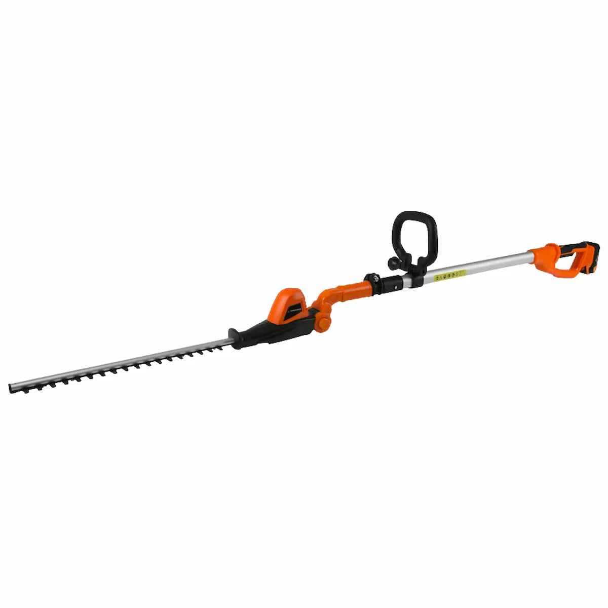 Orange and silver Yard Force 20V cordless pole hedge trimmer showing its 45cm steel blade, extended telescopic pole, and adjustable pivoting head against a garden background.