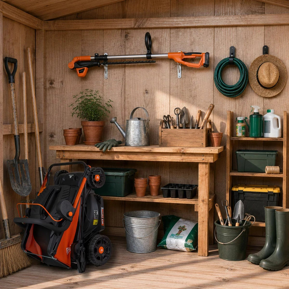 Orange and silver Yard Force 20V cordless pole hedge trimmer showing its 45cm steel blade, extended telescopic pole, and adjustable pivoting head against a garden background.