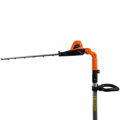 Orange and silver Yard Force 20V cordless pole hedge trimmer showing its 45cm steel blade, extended telescopic pole, and adjustable pivoting head against a garden background.