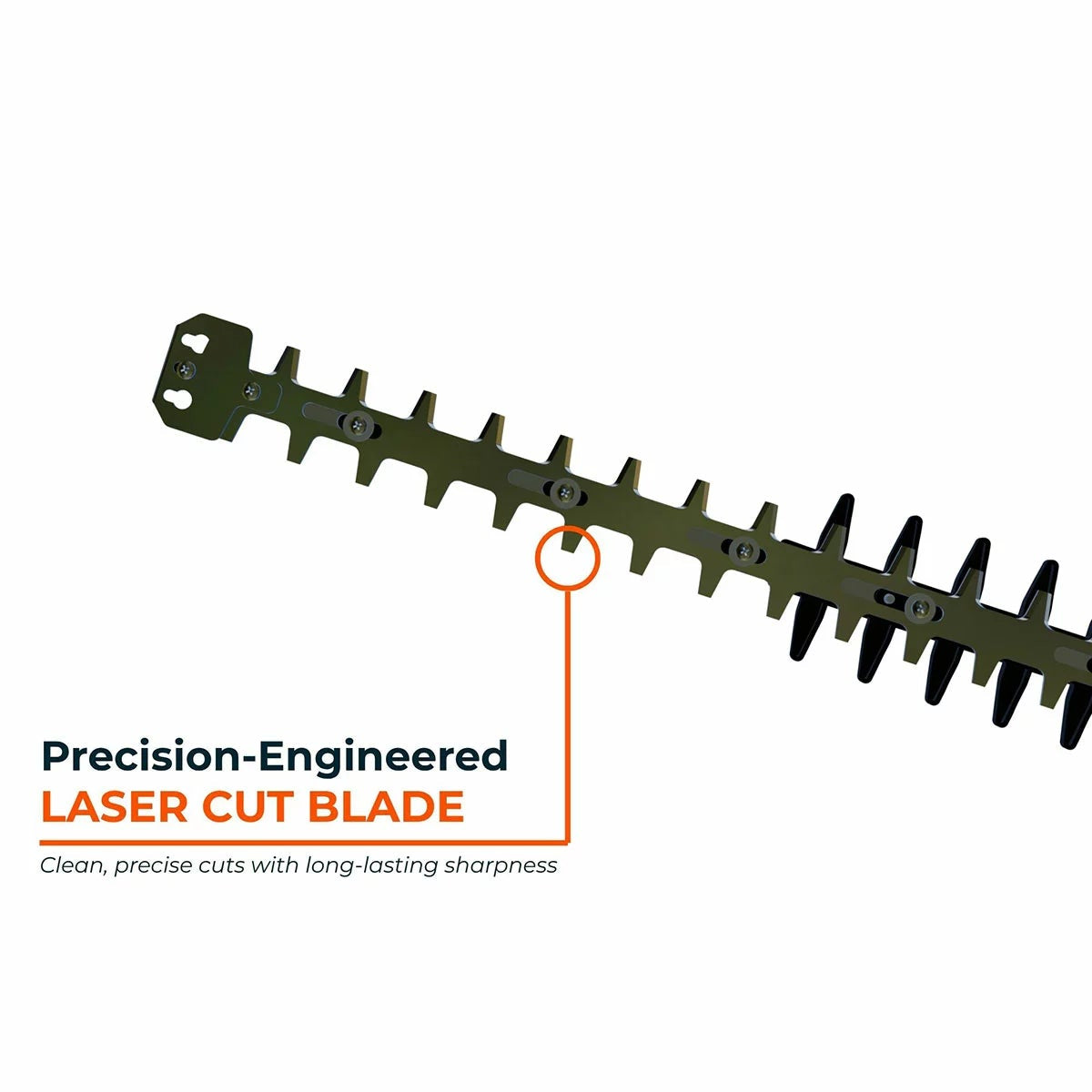 Orange and silver Yard Force 20V cordless pole hedge trimmer showing its 45cm steel blade, extended telescopic pole, and adjustable pivoting head against a garden background.