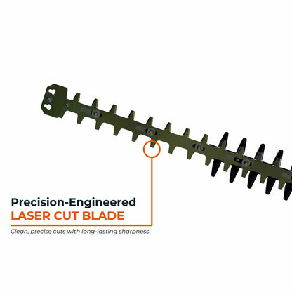Orange and silver Yard Force 20V cordless pole hedge trimmer showing its 45cm steel blade, extended telescopic pole, and adjustable pivoting head against a garden background.