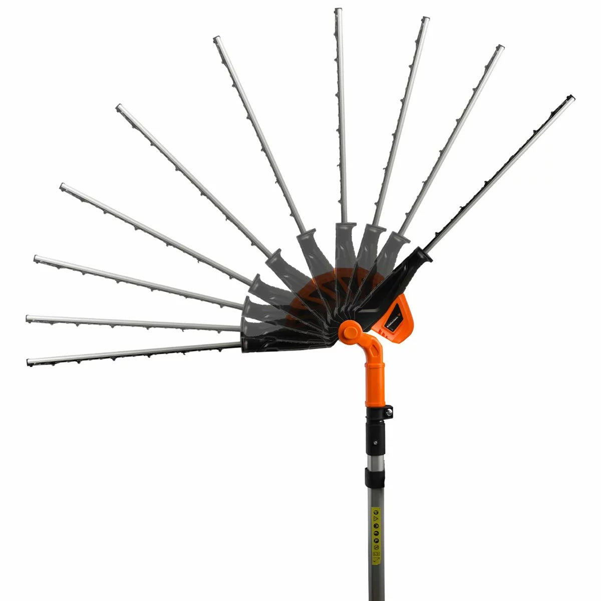Orange and silver Yard Force 20V cordless pole hedge trimmer showing its 45cm steel blade, extended telescopic pole, and adjustable pivoting head against a garden background.