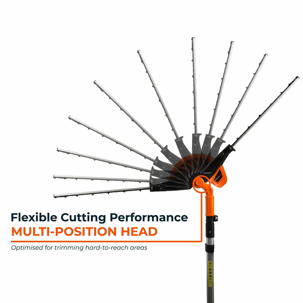 Orange and silver Yard Force 20V cordless pole hedge trimmer showing its 45cm steel blade, extended telescopic pole, and adjustable pivoting head against a garden background.