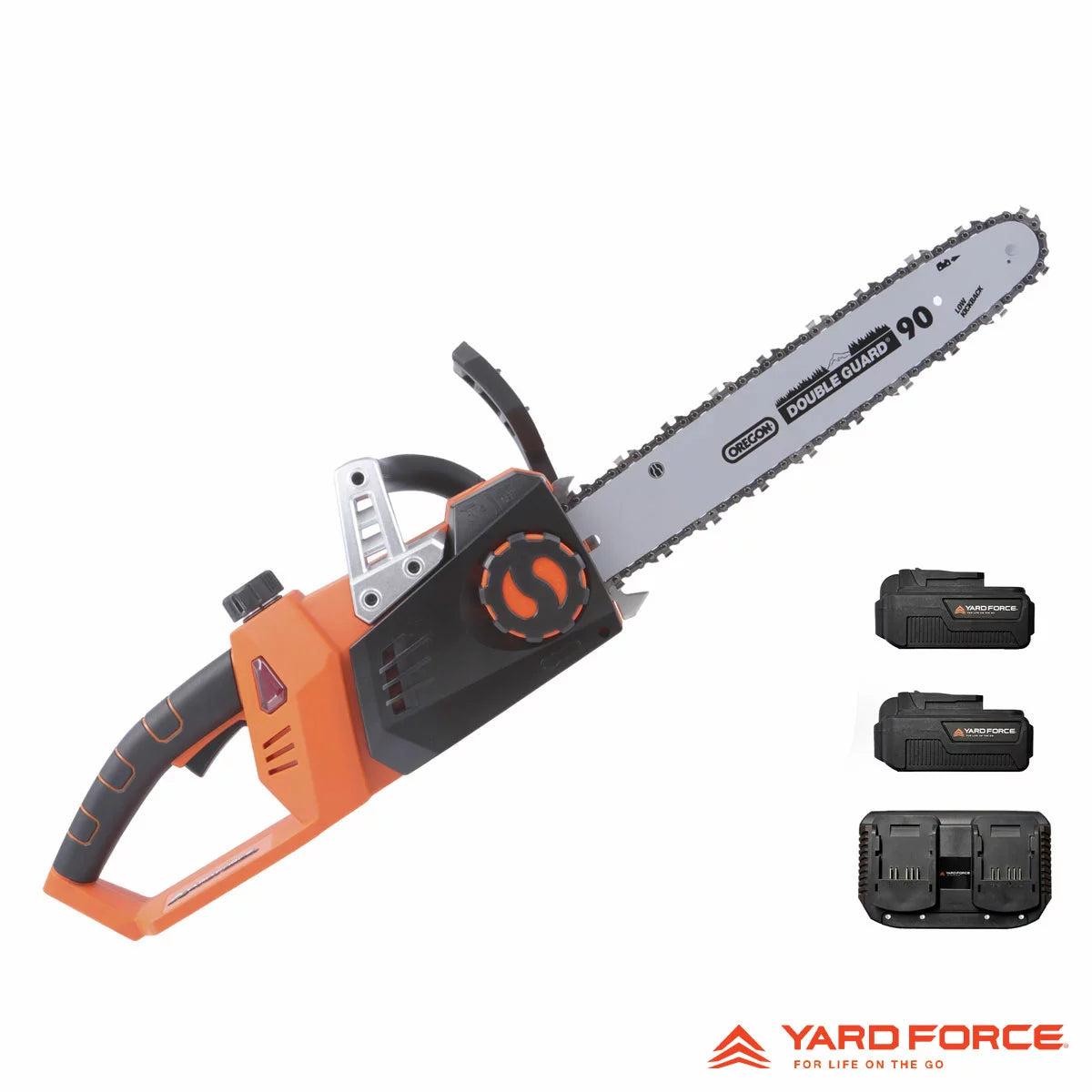 Yard Force 40V brushless cordless chainsaw with a 35cm Oregon bar cutting through a thick fallen tree log.