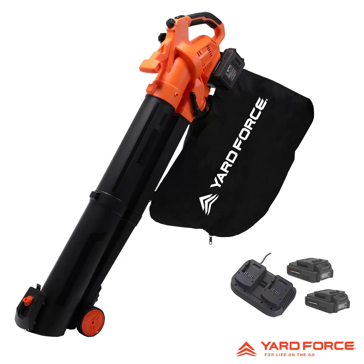 Yard Force 40V cordless blower vacuum being used to collect and mulch autumn leaves on a garden lawn.