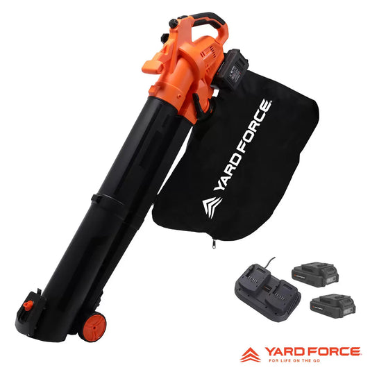 Yard Force 40V cordless blower vacuum being used to collect and mulch autumn leaves on a garden lawn.
