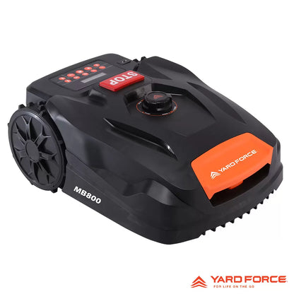 Yard Force MB800 robotic lawnmower with charging station automatically mowing a residential garden up to 800 square metres