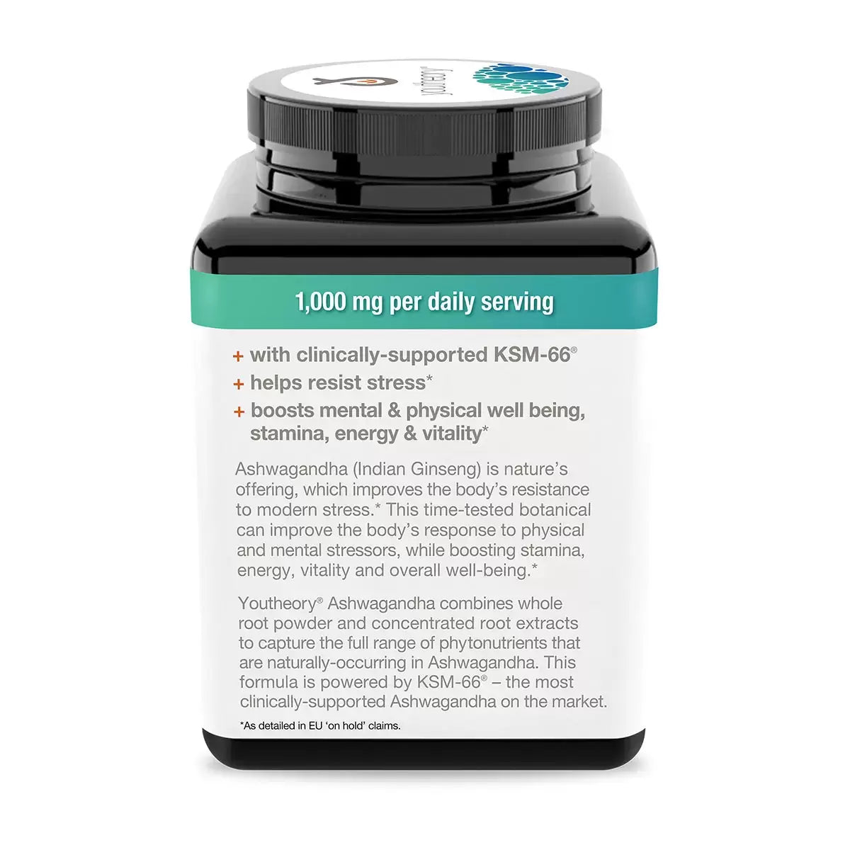 Youtheory Ashwagandha 150 Count supplement for stress management, adaptogenic support, and daily wellness balance.