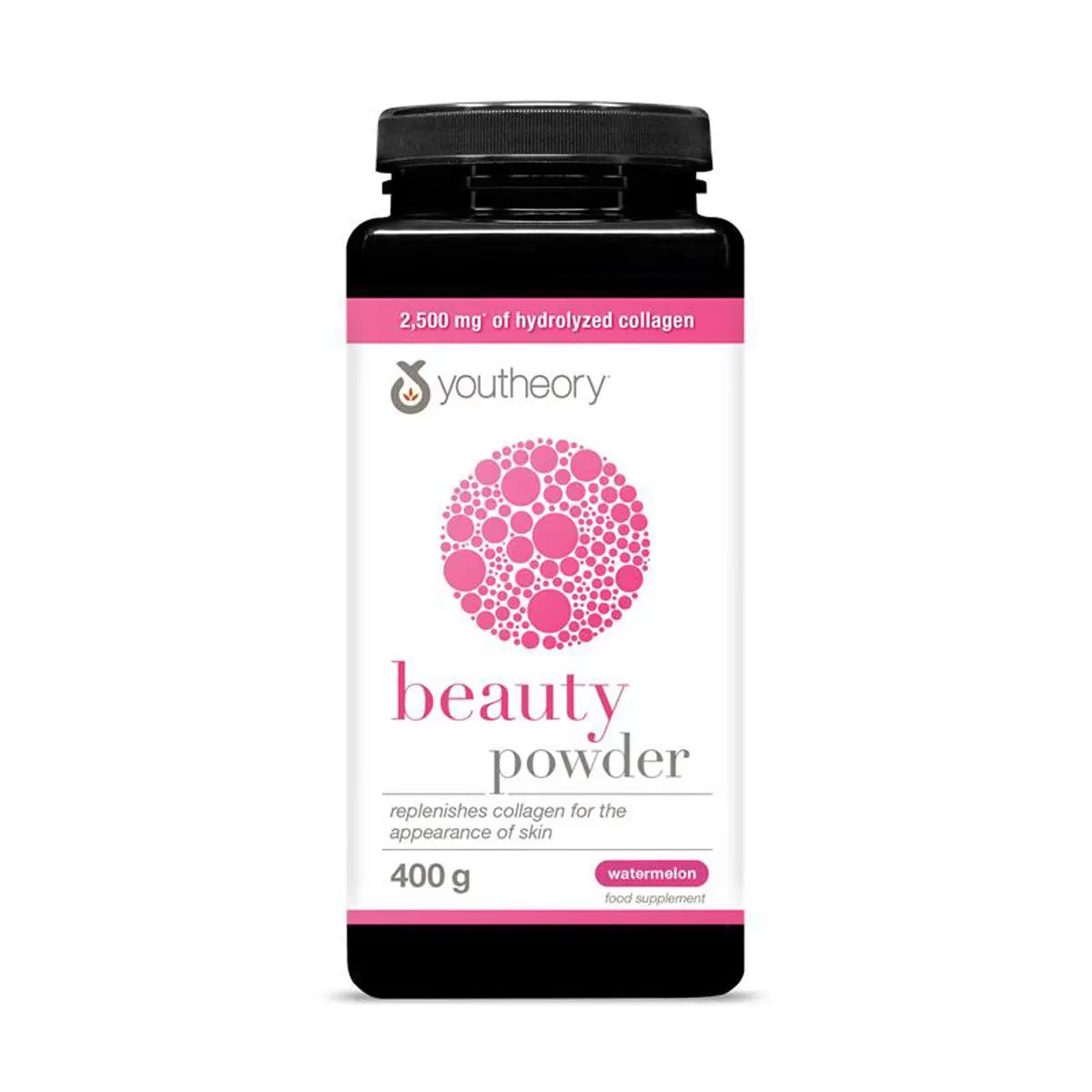 Front view of the Youtheory Beauty Powder 400g tub in watermelon flavor on a white background with clear labeling of collagen and hyaluronic acid ingredients.