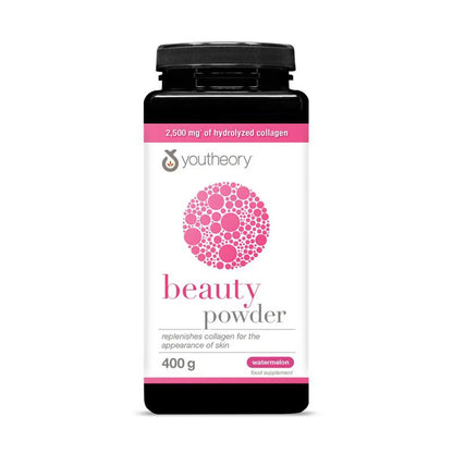 Front view of the Youtheory Beauty Powder 400g tub in watermelon flavor on a white background with clear labeling of collagen and hyaluronic acid ingredients.