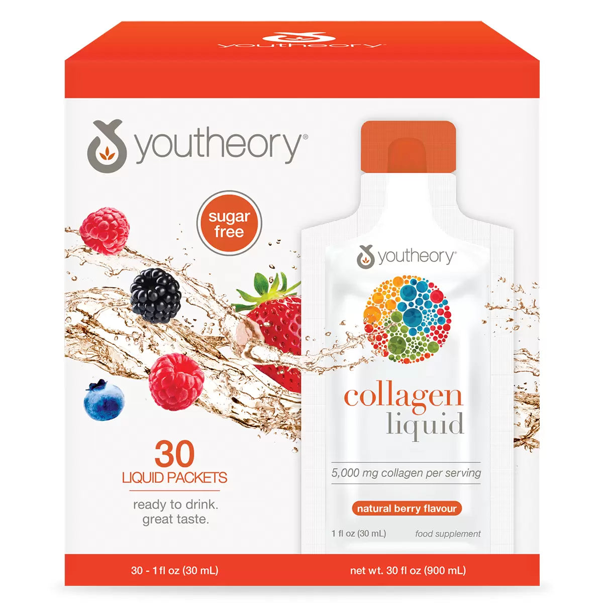 Youtheory Collagen Liquid Natural Berry 30 Count for skin elasticity, hair strength, nail health, and beauty wellness support.