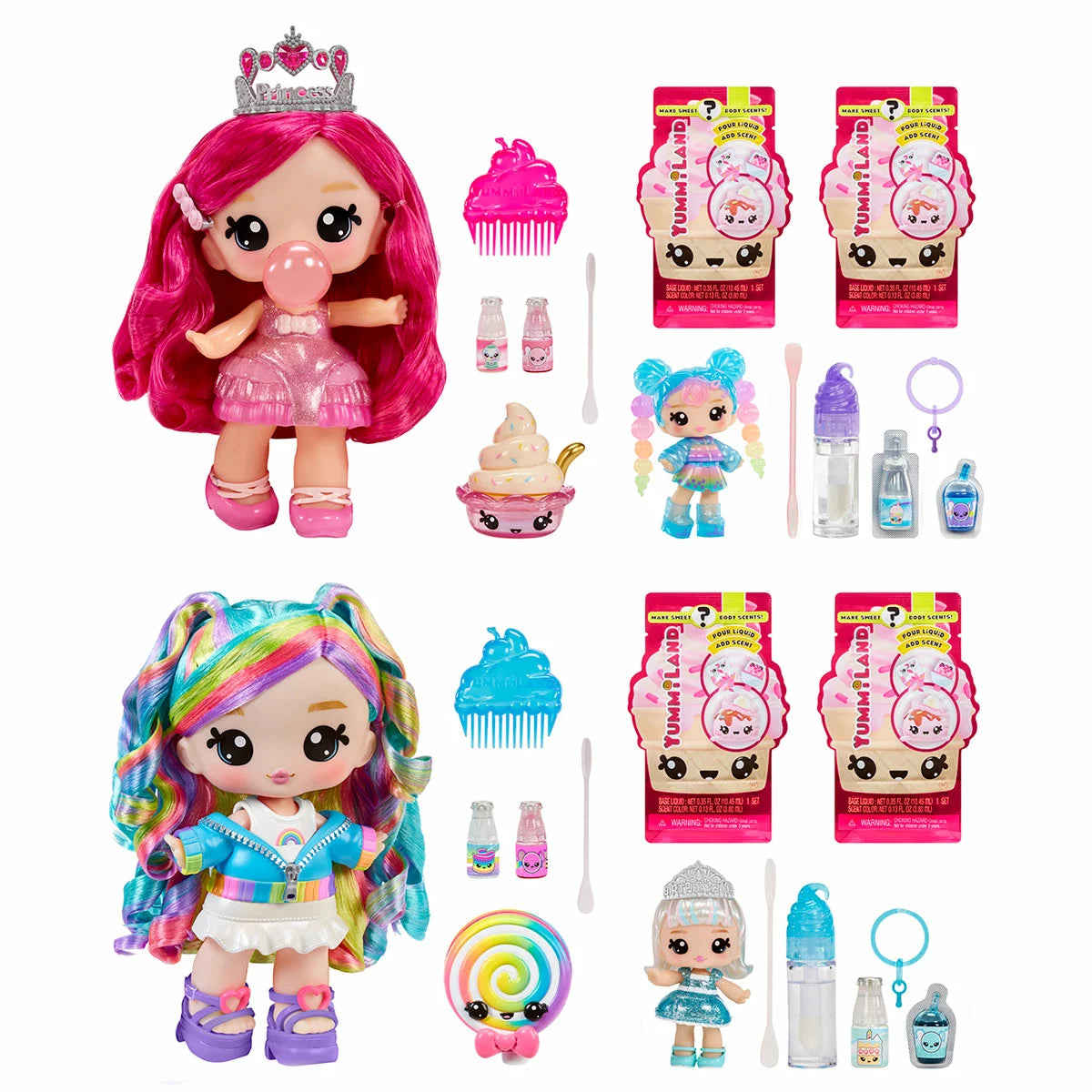 Front angle view of the Yummiland Large Doll and Lipstick Mega Assortment box showcasing the 11-inch doll, 4-inch keychain doll, comb, and DIY lip gloss mixing tubes on a plain surface.