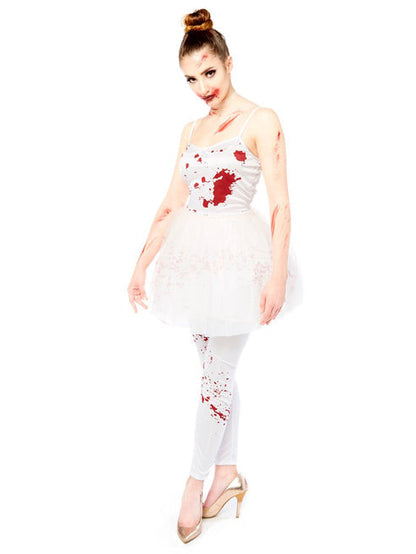 Adult Halloween costume featuring a tattered grey and bloody pink zombie ballerina dress with shredded tulle skirt against a dark background.