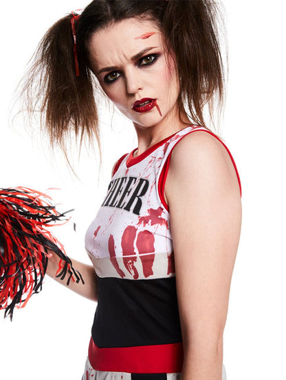 Front view of the Zombie Cheerleader Adult Costume featuring a blood-splattered tattered dress and matching pom-poms against a dark background.