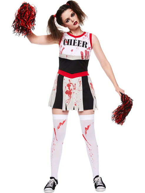 Front view of the Zombie Cheerleader Adult Costume featuring a blood-splattered tattered dress and matching pom-poms against a dark background.