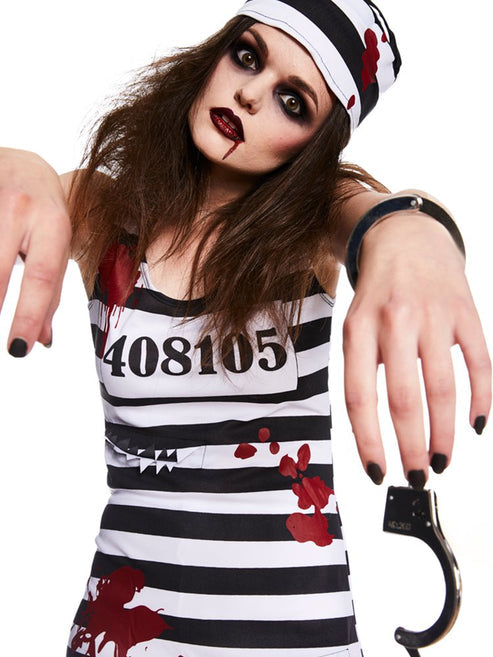 Front view of the Zombie Convict Adult Costume featuring frayed black and white stripes with realistic blood splatters against a plain backdrop.