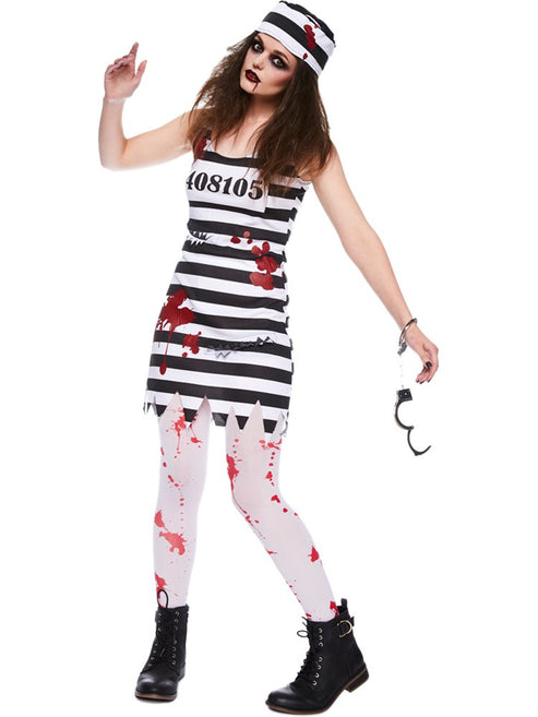 Front view of the Zombie Convict Adult Costume featuring frayed black and white stripes with realistic blood splatters against a plain backdrop.