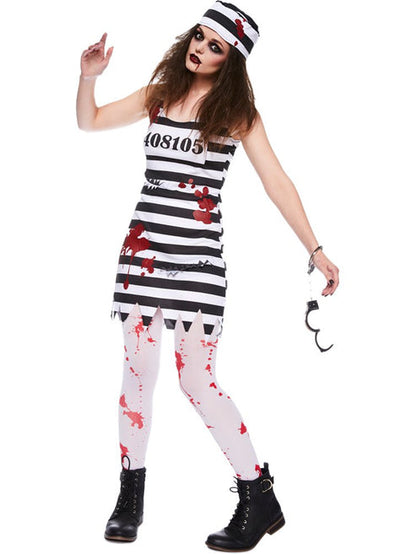Front view of the Zombie Convict Adult Costume featuring frayed black and white stripes with realistic blood splatters against a plain backdrop.
