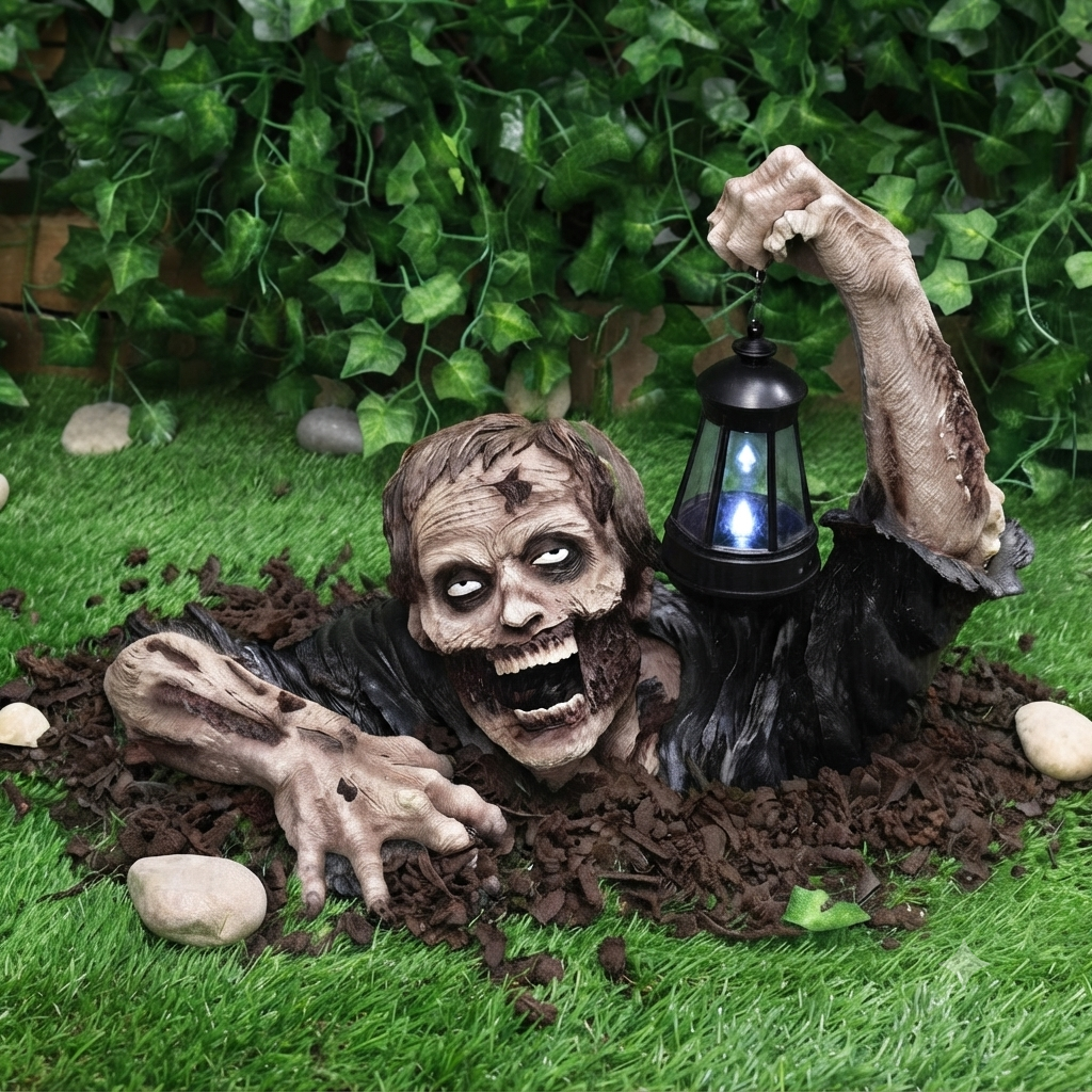 A resin zombie crawling out of a grave holding a glowing LED lantern garden statue, positioned among autumn leaves for a spooky Halloween display.