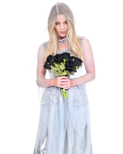 Front view of the Zombie Ghost Bride Adult Costume featuring shredded lace grey layers, tattered dress hem, and matching ghostly veil.