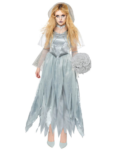 Front view of the Zombie Ghost Bride Adult Costume featuring shredded lace grey layers, tattered dress hem, and matching ghostly veil.