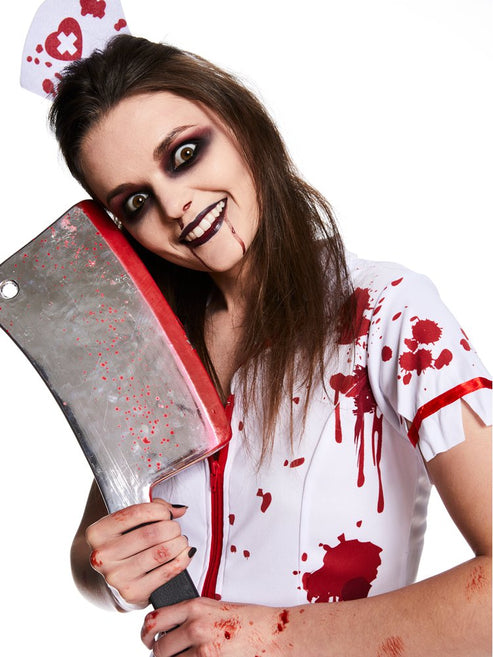 Full-length front view of the Zombie Nurse Adult Costume featuring tattered blood-stained dress details and headpiece against a dark neutral backdrop.